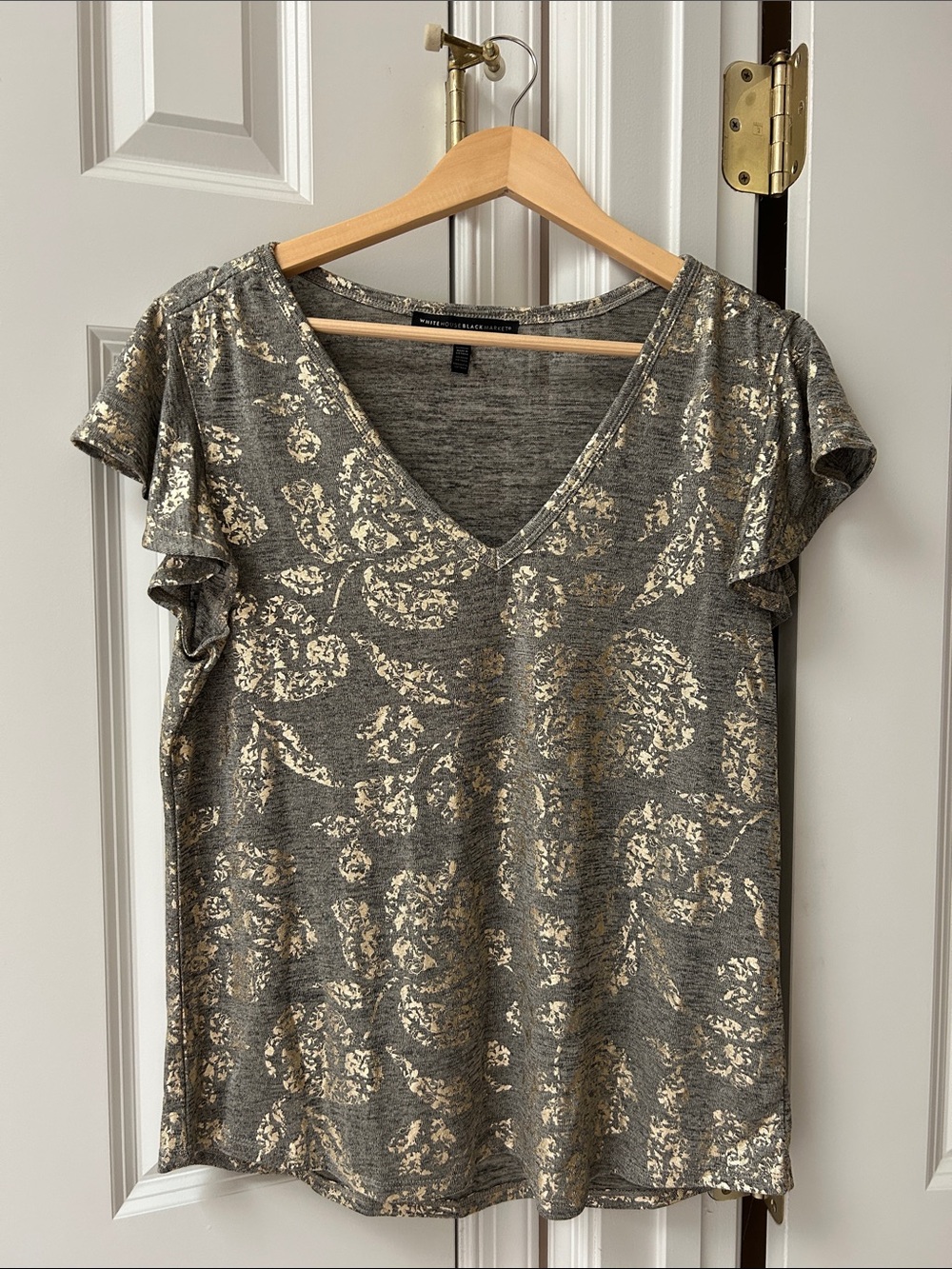 White House Black Market Olive V-Neck Short Sleeve Top with Metallic Gold Floral